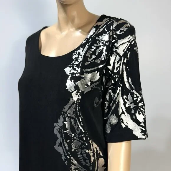 Chicos Travelers 3 Slinky Belinda Top Black Silver Liquid Knit Women US XL NWT - Picture 2 of 8